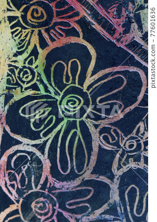 Abstract colorful floral pattern on black background. Handmade, decorative artwork, close up view. Abstract background template, wallpaper 77601636