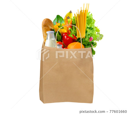 Paper bag full of different groceries on white background Paper bag full of different groceries on white background 77601660