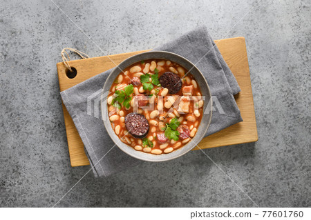 Spanish asturiana fabada on gray table. Copy space Spanish asturiana fabada on gray table. Copy space 77601760