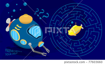 Children games. Round maze, labyrinth. Underwater adventures. Help bathyscaphe rescue his yellow submarine friend from maze. Vector 77603660