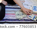 Closeup broke woman calculates individual tax return with 1040 forms and instructions. The concept of Tax return.  77603853