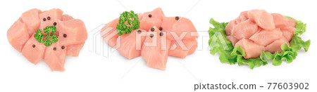 Fresh chicken fillet isolated on white background with full depth of field. Set or collection Fresh chicken fillet isolated on white background with full depth of field. Set or collection 77603902