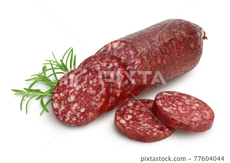 Smoked sausage salami isolated on white background with clipping path and full depth of field 77604044