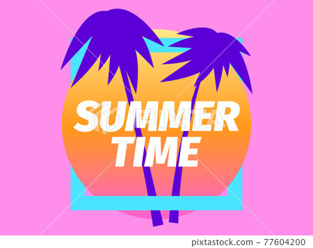 Summer time. Purple palm trees against a background of a gradient orange sun in a blue frame on a pink background. Synthwave and retrowave style. Vector illustration Summer time. Purple palm trees against a background of a gradient orange sun in a blue frame on a pink background. Synthwave and retrowave style. Vector illustration 77604200