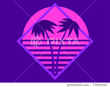 80s palm trees at sunset. Summer time. Retro futuristic sun. Synthwave and retrowave style. Design for advertising brochures, banners and posters. Vector illustration 77604201
