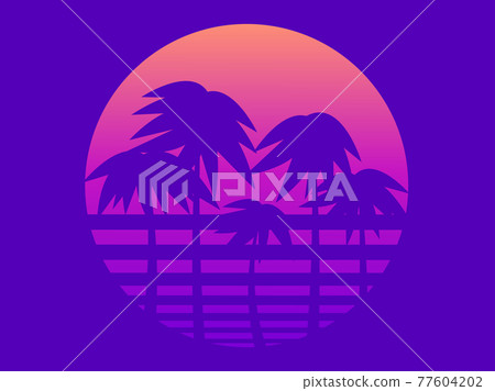 Palm trees against a gradient sun in the style of the 80s. Retro sci-fi sunset. Synthwave and retrowave style. Design for advertising brochures, banners, posters, travel agencies. Vector illustration 77604202