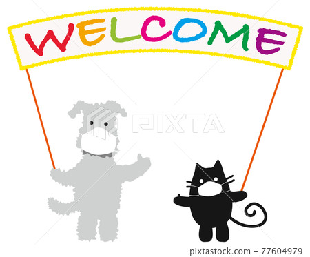 Dog & cat with masks, holding a welcome board. Dog & cat with masks, holding a welcome board. 77604979