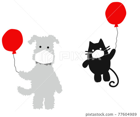 With a dog and cat in a mask and balloons. dog & cat with masks With a dog and cat in a mask and balloons. dog & cat with masks 77604989