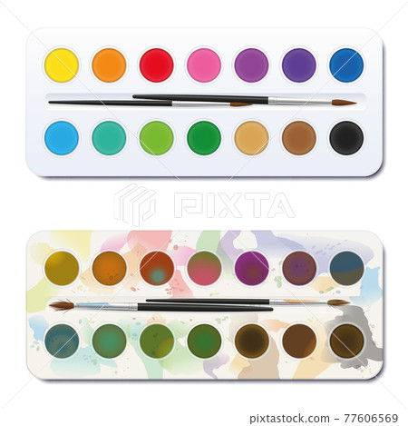 New and used watercolor paint box - unused, clean, neat, new - used, spotty, blotchy, soiled, dirty. Before after comparison. Isolated vector illustration on white background. New and used watercolor paint box - unused, clean, neat, new - used, spotty, blotchy, soiled, dirty. Before after comparison. Isolated vector illustration on white background. 77606569
