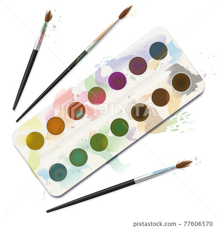 Used watercolor paint box - spotty, blotchy, soiled, spilled, dirty with frayed brushes. Isolated vector illustration on white background. Used watercolor paint box - spotty, blotchy, soiled, spilled, dirty with frayed brushes. Isolated vector illustration on white background. 77606570