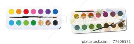Watercolor paint boxes - unused, clean, neat, new - used, spotty, blotchy, soiled, dirty. Before after comparison. Isolated vector illustration on white background. Watercolor paint boxes - unused, clean, neat, new - used, spotty, blotchy, soiled, dirty. Before after comparison. Isolated vector illustration on white background. 77606571