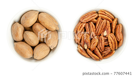 Pecan nuts, shelled and unshelled, in white bowls. Whole pecans and pecan halves, seeds and edible nuts of Carya illinoinensis, used as snack. Close-up from above isolated over white macro food photo. Pecan nuts, shelled and unshelled, in white bowls. Whole pecans and pecan halves, seeds and edible nuts of Carya illinoinensis, used as snack. Close-up from above isolated over white macro food photo. 77607441