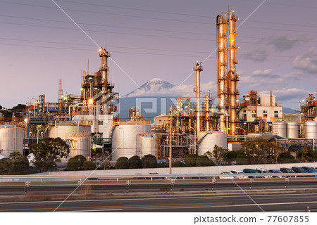 Mt. Fuji with Factories at Night in Japan 77607855
