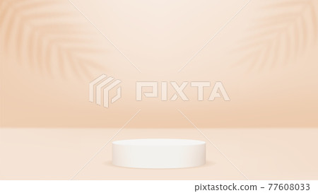 Stages or cylinder platforms or pedestals. Palm leaves on the wall 77608033