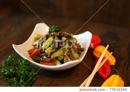 Salad with cucumbers. peppers and beef. Spicy Korean-style salad. Salad with cucumbers. peppers and beef. Spicy Korean-style salad. 77610344