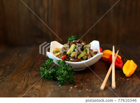 Salad with cucumbers. peppers and beef. Spicy Korean-style salad. Salad with cucumbers. peppers and beef. Spicy Korean-style salad. 77610346