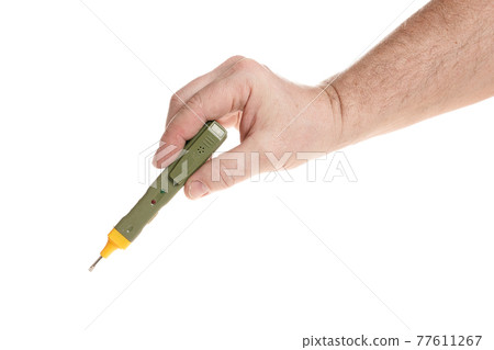Hand holds a probe detector of electrical wiring on a white background 77611267