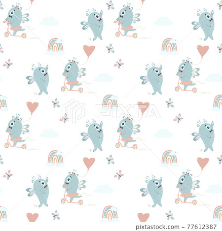 Seamless pattern with cute monsters. A pair of winged blue monsters - a boy and a girl ride a scooter with a balloon on a white background with a rainbow, clouds. Vector. Scandinavian kids collection 77612387