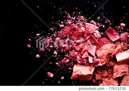Crushed cosmetics, mineral organic eyeshadow, blush and cosmetic powder isolated on black background, makeup and beauty banner, flatlay design 77613236