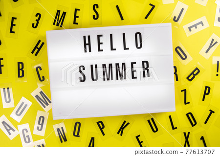 Lightbox with text HELLO SUMMER on yellow background with black letters around Lightbox with text HELLO SUMMER on yellow background with black letters around 77613707
