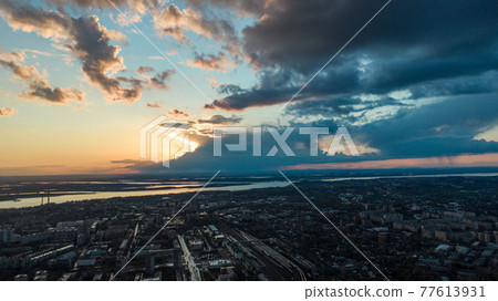 Khabarovsk city top view sunset beautiful clouds in the rain 77613931