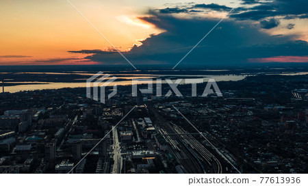 Khabarovsk city top view sunset beautiful clouds in the rain 77613936