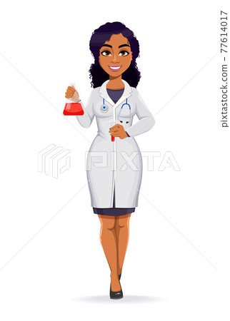 African American female doctor wearing white coat African American female doctor wearing white coat 77614017