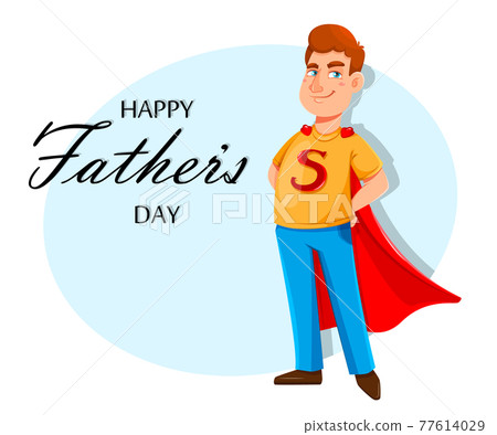 Father's day. Dad stands in superhero costume 77614029