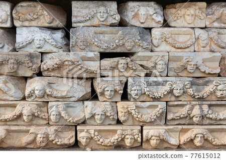 Ancient stone carved frieze of Portico of Tiberius in Aphrodisias, Turkey 77615012