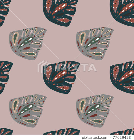Tropical seamless pattern with grey and navy blue ornamental monstera elements. Lilac background. Tropical seamless pattern with grey and navy blue ornamental monstera elements. Lilac background. 77619438