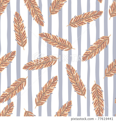 Retro boho illustration with feather seamless doodle pattern. Beige random print on striped blue background. 77619441