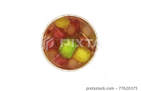 Water chestnut stuffed in pink ruby-like ripe flour with Syrup in glass cup isolated on white background with clipping path. Water chestnut stuffed in pink ruby-like ripe flour with Syrup in glass cup isolated on white background with clipping path. 77620375