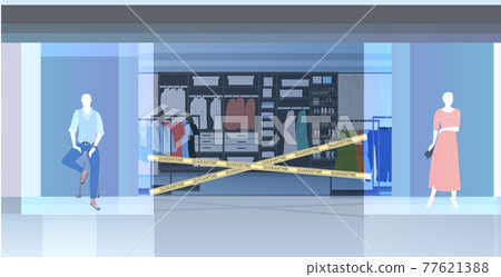 empty shopping mall with yellow tape coronavirus pandemic quarantine covid-19 concept 77621388