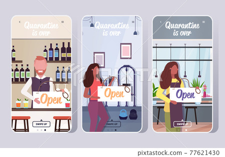 set people holding open sign board coronavirus quarantine is ending victory over covid-19 concept set people holding open sign board coronavirus quarantine is ending victory over covid-19 concept 77621430