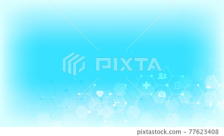 Healthcare and medical background with flat icons and symbols. Template design with concept and idea for healthcare technology, innovation medicine, health, science and research. 77623408