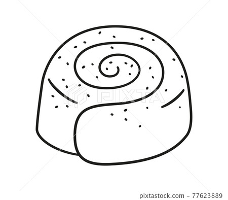 Cinnamon roll with sugar. Swirl kanelbulle bun. Traditional dessert in Scandinavia and North America. Hand drawn isolated vector illustration on white background 77623889