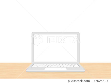 A simple laptop placed on a wood-grained desk, silver-based white key A simple laptop placed on a wood-grained desk, silver-based white key 77624304