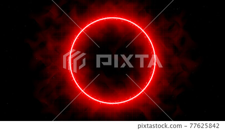 Neon laser vibrant circle with sparks, haze, and laser grid on starry space background. Red vivid round shape. Cyberspace. Futuristic sci-fi background design for music and cybersport events. Neon laser vibrant circle with sparks, haze, and laser grid on starry space background. Red vivid round shape. Cyberspace. Futuristic sci-fi background design for music and cybersport events. 77625842