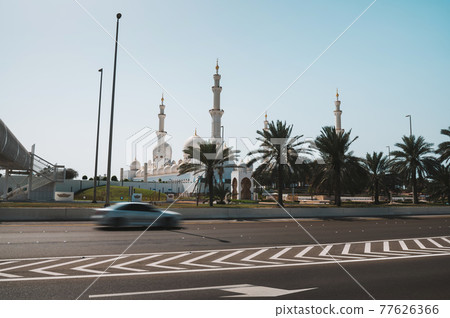 Sheikh Zayed Grand Mosque in Abu Dhabi, United Arab Emirates seen across the road Sheikh Zayed Grand Mosque in Abu Dhabi, United Arab Emirates seen across the road 77626366