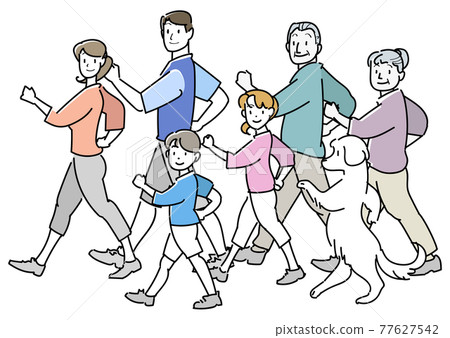 Family walking side by side-turning around 77627542