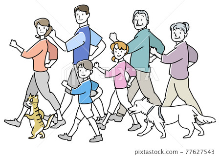 Family walking side by side-turning around 77627543