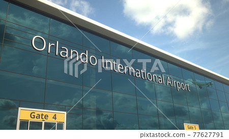 Commercial plane take off reflecting in the windows with Orlando International Airport text, 3d rendering Commercial plane take off reflecting in the windows with Orlando International Airport text, 3d rendering 77627791