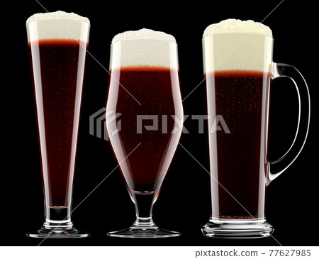 Set of fresh beer in different mugs with bubble froth isolated on black. Set of fresh beer in different mugs with bubble froth isolated on black. 77627985
