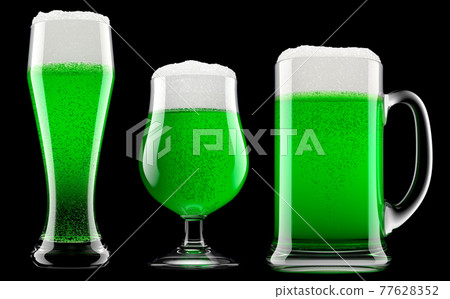 Set of fresh green beer in different mugs with bubble froth isolated on black. 77628352