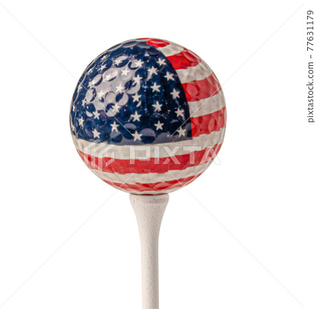 Golf ball with USA flag on white tee with clipping path, most popular sport in the world. 77631179