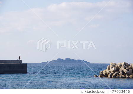 Gunkanjima seen between breakwaters Gunkanjima seen between breakwaters 77633446