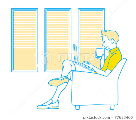 Worcation Nomad-A man working by the window of a hotel cafe over a cup of coffee 77633460