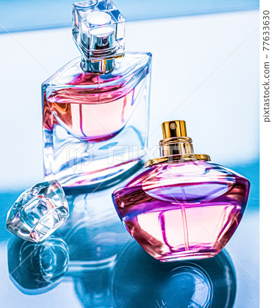 Perfume bottle on glossy background, sweet floral scent, glamour fragrance and eau de parfum as holiday gift and luxury beauty cosmetics brand design 77633630