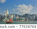 A junk ship going to Victoria Harbour with the skyscrapers of Hong Kong in the background 77638768