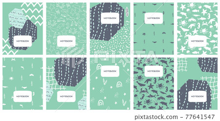 Big set of modern abstract covers designs of sea ocean themes. Blue aquamarine white vector geometric background illustrations for notebooks, brochures, planners, catalogs, books 77641547